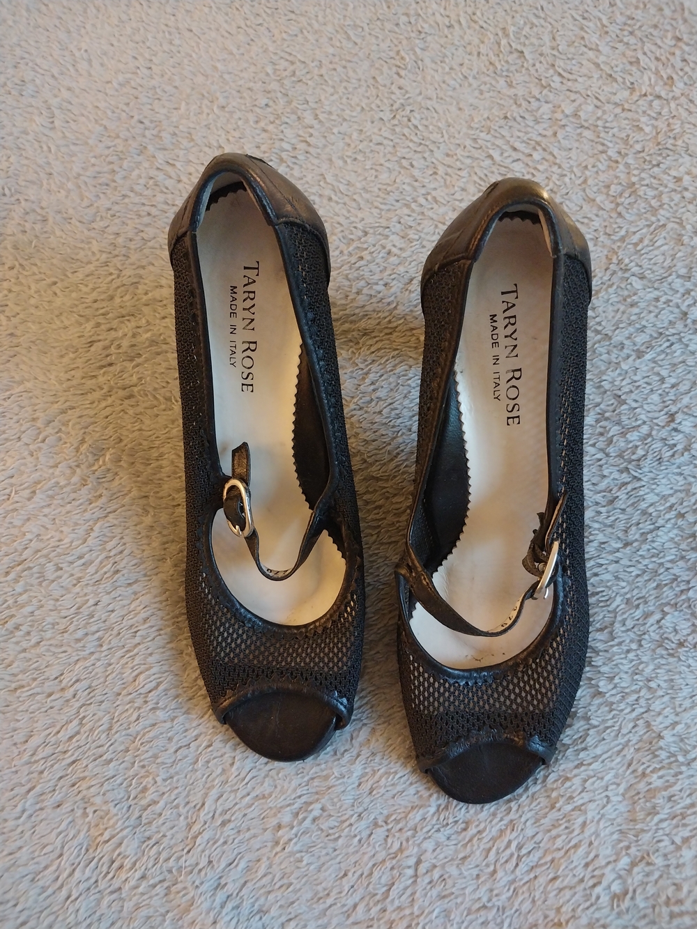 Taryn Rose Black Mesh Peep-Toe Mary Jane Heels with Buckle
